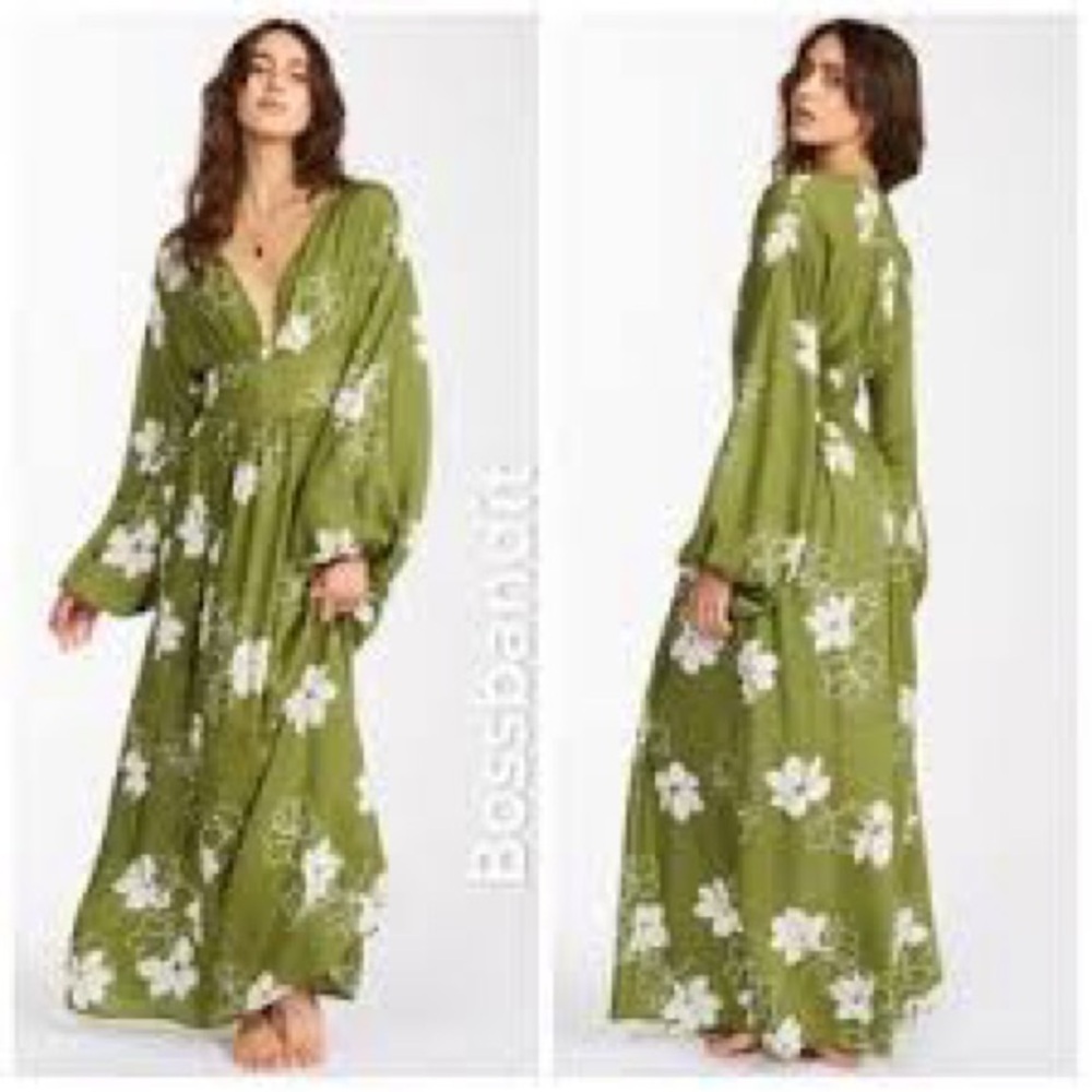 BILLABONG - GREEN & WHITE NIGHT BLOOM MAXI DRESS, Size L